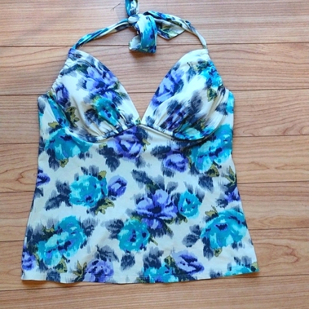 Lands' End White Blue and Purple Floral Halter Tankini Top Size 8